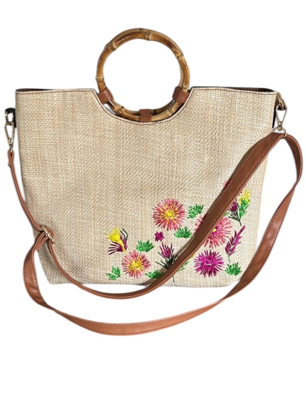 Vintage Straw Handbag with Raffia Flowers